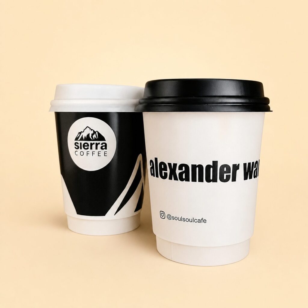 Two custom printed 8oz double wall coffee cups with lids - black and white branded designs